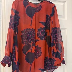 Lafayette 148 New York Red and Navy Floral Blouse